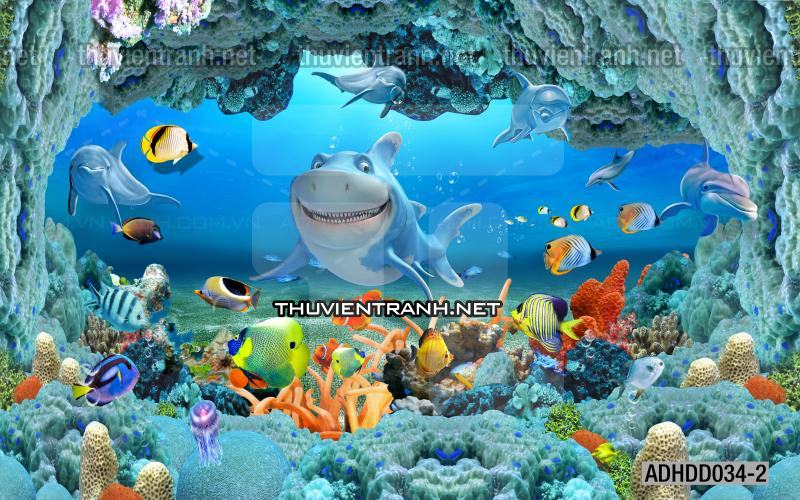 Tranh 3D cảnh dưới đáy Đại Dương xanh, tranh dán tường trang trí sinh vật Biển - Tranh tường chất lượng cao