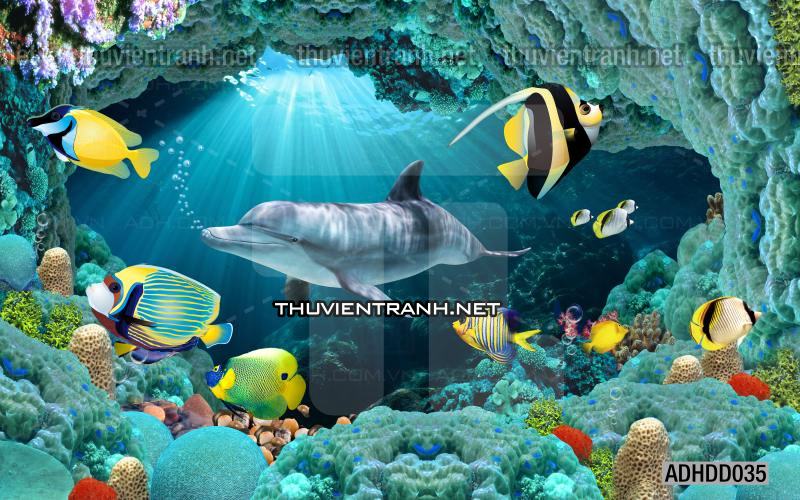 Tranh 3D cảnh dưới đáy Đại Dương xanh, tranh dán tường trang trí sinh vật Biển - Tranh tường chất lượng cao