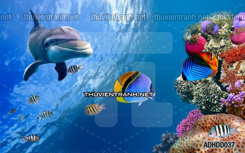Tranh 3D cảnh dưới đáy Đại Dương xanh, tranh dán tường trang trí sinh vật Biển - Tranh tường chất lượng cao