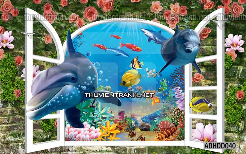 Tranh 3D cảnh dưới đáy Đại Dương xanh, tranh dán tường trang trí sinh vật Biển - Tranh tường chất lượng cao