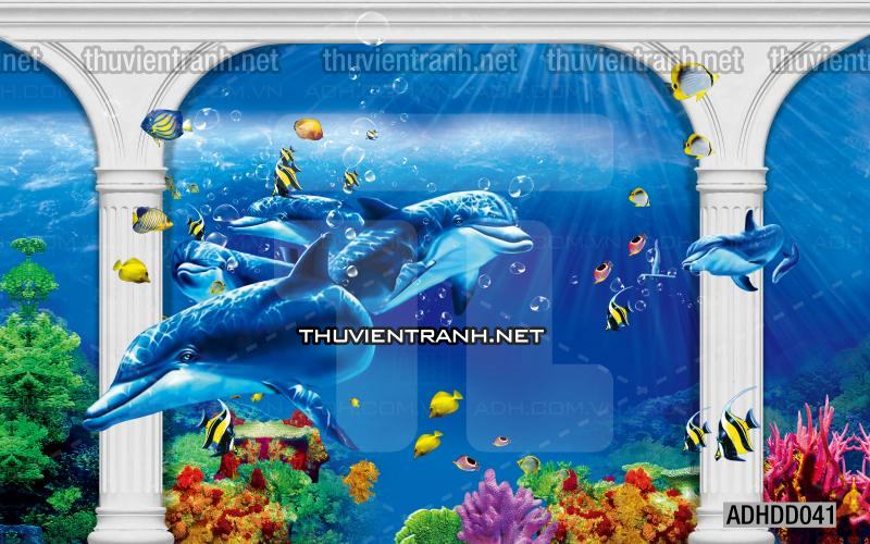 Tranh 3D cảnh dưới đáy Đại Dương xanh, tranh dán tường trang trí sinh vật Biển - Tranh tường chất lượng cao