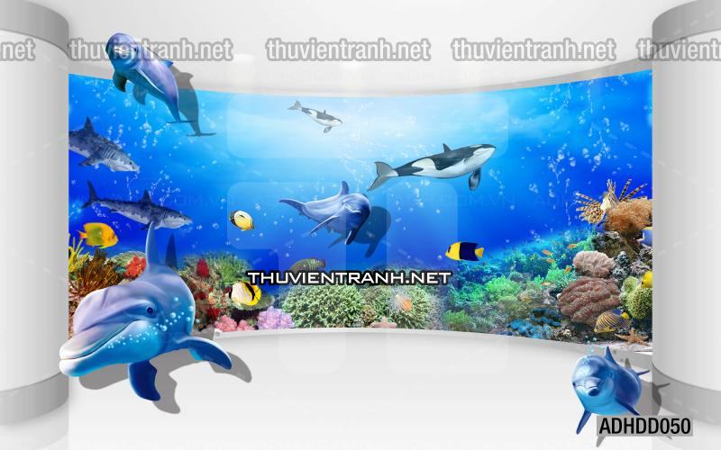 Tranh 3D cảnh dưới đáy Đại Dương xanh, tranh dán tường trang trí sinh vật Biển - Tranh tường chất lượng cao