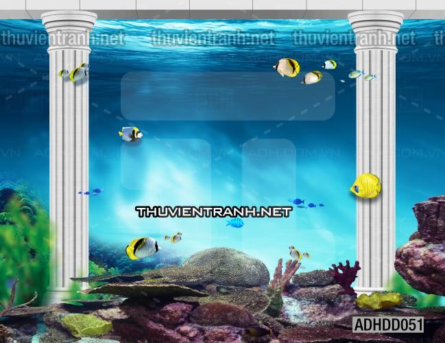 Tranh 3D cảnh dưới đáy Đại Dương xanh, tranh dán tường trang trí sinh vật Biển - Tranh tường chất lượng cao
