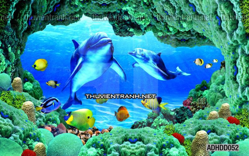 Tranh 3D cảnh dưới đáy Đại Dương xanh, tranh dán tường trang trí sinh vật Biển - Tranh tường chất lượng cao
