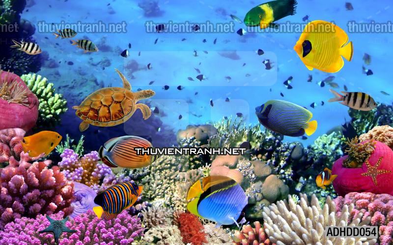 Tranh 3D cảnh dưới đáy Đại Dương xanh, tranh dán tường trang trí sinh vật Biển - Tranh tường chất lượng cao