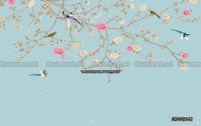 Hoa Đào, Hoa Mộc Lan, phong cách trang trí Chinoiserier, Tranh vẽ hoa Trung Quốc - Tranh tường chất lượng cao