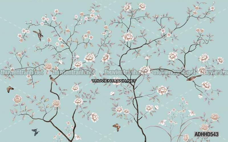 Hoa Đào, Hoa Mộc Lan, phong cách trang trí Chinoiserier, Tranh vẽ hoa Trung Quốc - Tranh tường chất lượng cao