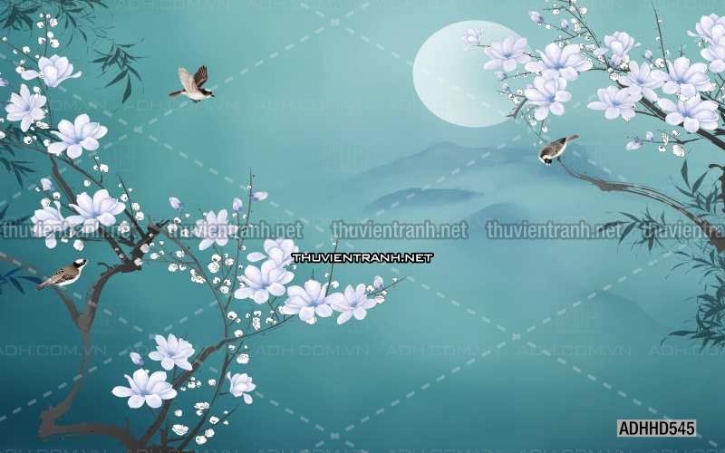 Hoa Đào, Hoa Mộc Lan, phong cách trang trí Chinoiserier, Tranh vẽ hoa Trung Quốc - Tranh tường chất lượng cao