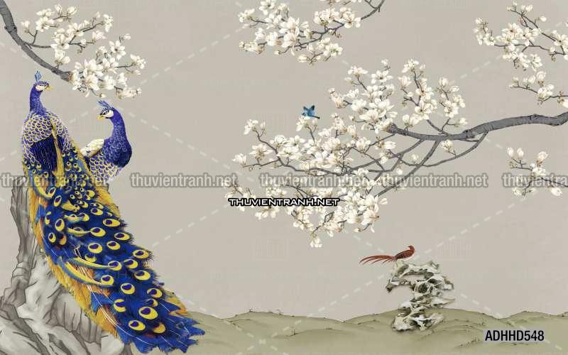 Hoa Đào, Hoa Mộc Lan, phong cách trang trí Chinoiserier, Tranh vẽ hoa Trung Quốc - Tranh tường chất lượng cao