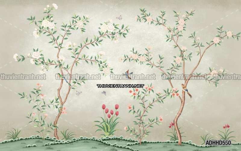 Hoa Đào, Hoa Mộc Lan, phong cách trang trí Chinoiserier, Tranh vẽ hoa Trung Quốc - Tranh tường chất lượng cao