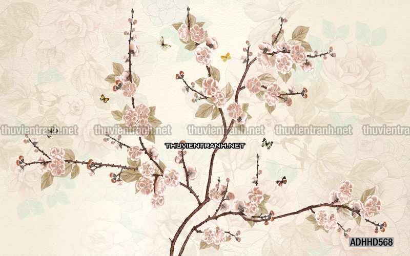 Hoa Đào, Hoa Mộc Lan, phong cách trang trí Chinoiserier, Tranh vẽ hoa Trung Quốc - Tranh tường chất lượng cao