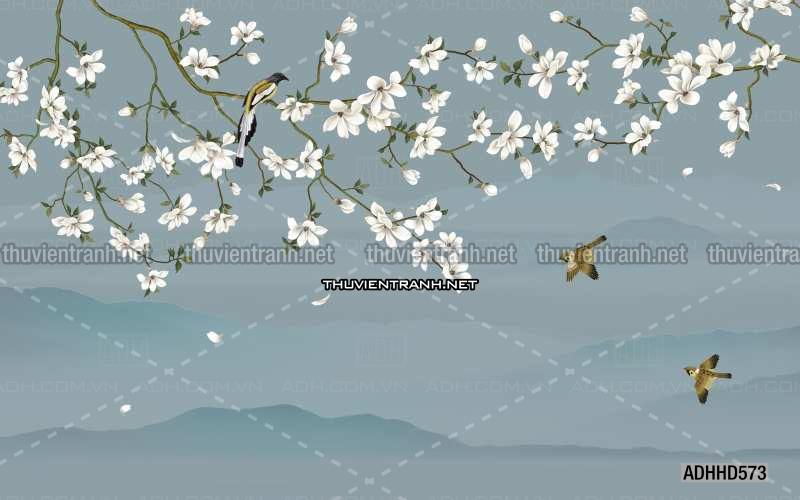 Hoa Đào, Hoa Mộc Lan, phong cách trang trí Chinoiserier, Tranh vẽ hoa Trung Quốc - Tranh tường chất lượng cao