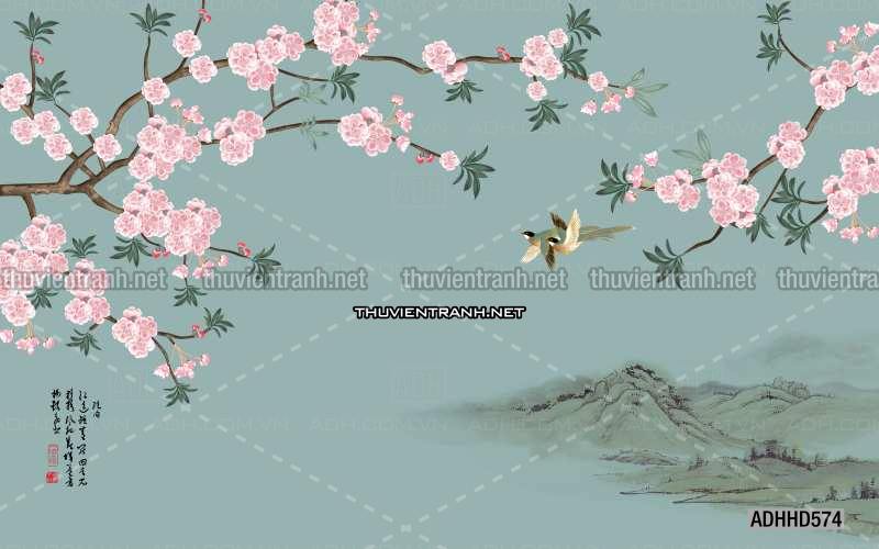 Hoa Đào, Hoa Mộc Lan, phong cách trang trí Chinoiserier, Tranh vẽ hoa Trung Quốc - Tranh tường chất lượng cao