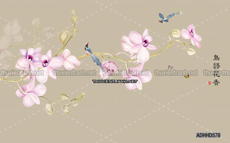 Hoa Đào, Hoa Mộc Lan, phong cách trang trí Chinoiserier, Tranh vẽ hoa Trung Quốc - Tranh tường chất lượng cao