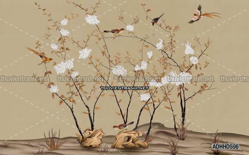 Hoa Đào, Hoa Mộc Lan, phong cách trang trí Chinoiserier, Tranh vẽ hoa Trung Quốc - Tranh tường chất lượng cao