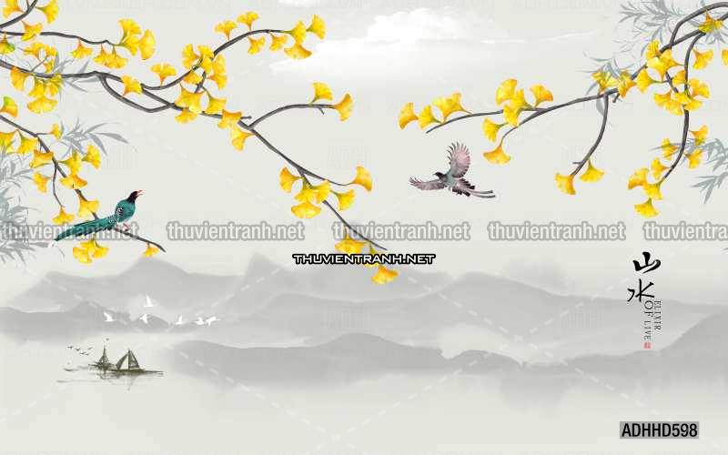 Hoa Đào, Hoa Mộc Lan, phong cách trang trí Chinoiserier, Tranh vẽ hoa Trung Quốc - Tranh tường chất lượng cao