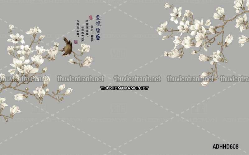Hoa Đào, Hoa Mộc Lan, phong cách trang trí Chinoiserier, Tranh vẽ hoa Trung Quốc - Tranh tường chất lượng cao