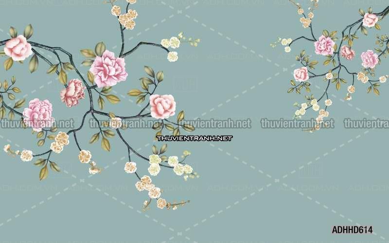 Hoa Đào, Hoa Mộc Lan, phong cách trang trí Chinoiserier, Tranh vẽ hoa Trung Quốc - Tranh tường chất lượng cao