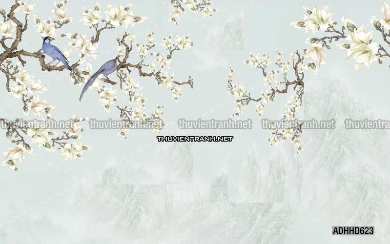 Hoa Đào, Hoa Mộc Lan, phong cách trang trí Chinoiserier, Tranh vẽ hoa Trung Quốc - Tranh tường chất lượng cao