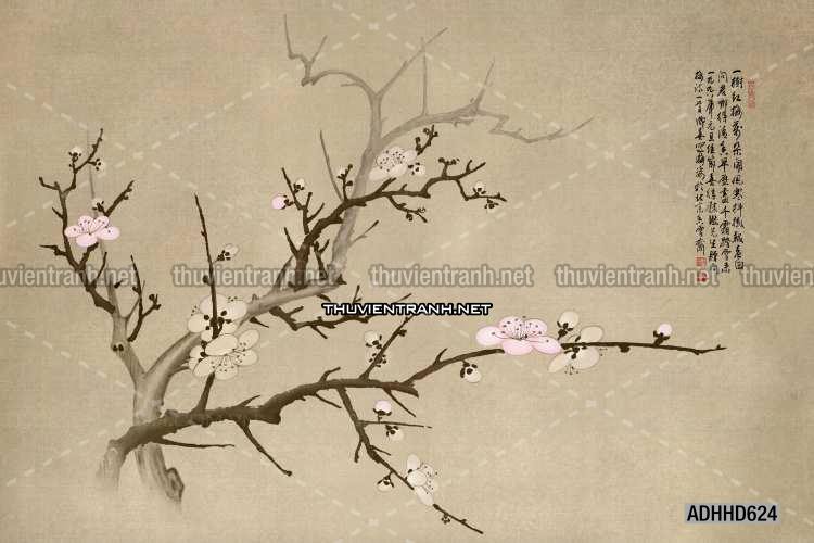 Hoa Đào, Hoa Mộc Lan, phong cách trang trí Chinoiserier, Tranh vẽ hoa Trung Quốc - Tranh tường chất lượng cao