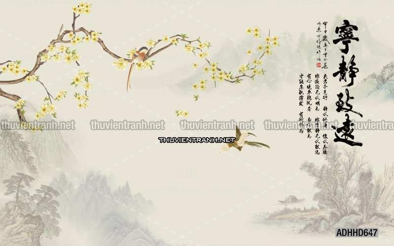 Hoa Đào, Hoa Mộc Lan, phong cách trang trí Chinoiserier, Tranh vẽ hoa Trung Quốc - Tranh tường chất lượng cao