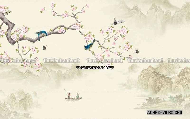 Hoa Đào, Hoa Mộc Lan, phong cách trang trí Chinoiserier, Tranh vẽ hoa Trung Quốc - Tranh tường chất lượng cao