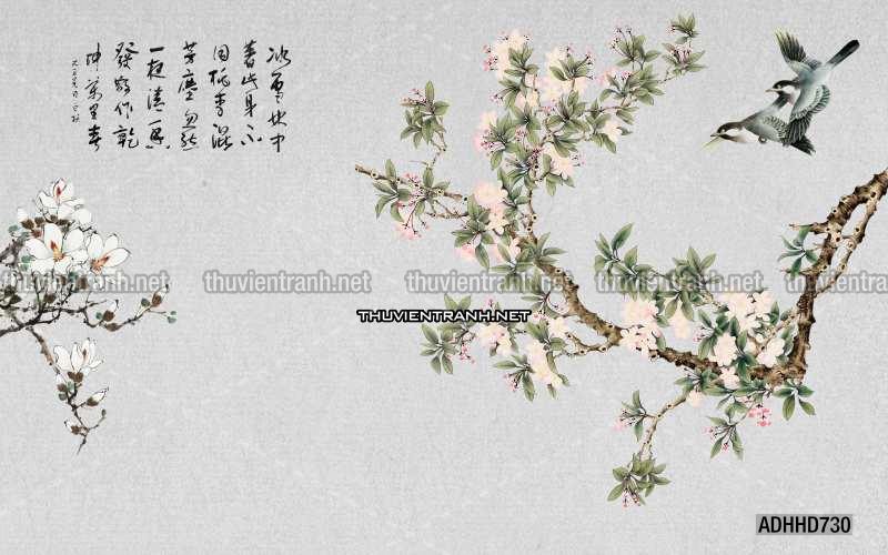 Hoa Đào, Hoa Mộc Lan, phong cách trang trí Chinoiserier, Tranh vẽ hoa Trung Quốc - Tranh tường chất lượng cao