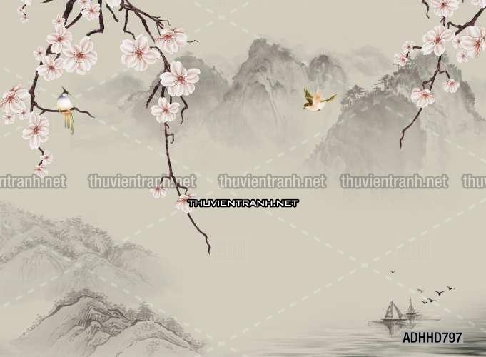 Hoa Đào, Hoa Mộc Lan, phong cách trang trí Chinoiserier, Tranh vẽ hoa Trung Quốc - Tranh tường chất lượng cao