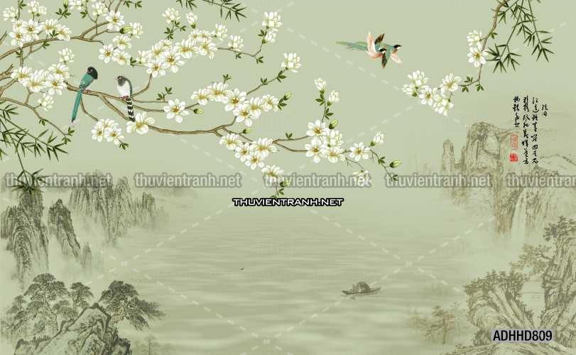 Hoa Đào, Hoa Mộc Lan, phong cách trang trí Chinoiserier, Tranh vẽ hoa Trung Quốc - Tranh tường chất lượng cao