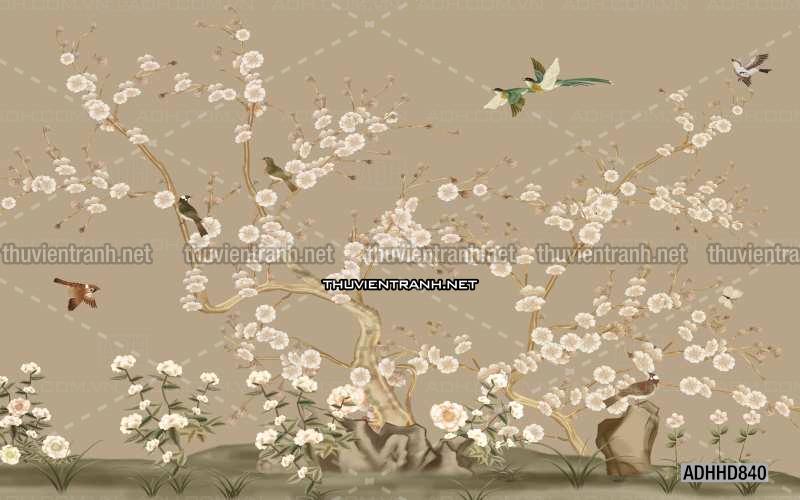 Hoa Đào, Hoa Mộc Lan, phong cách trang trí Chinoiserier, Tranh vẽ hoa Trung Quốc - Tranh tường chất lượng cao