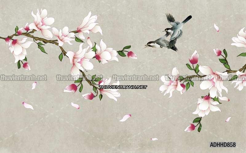Hoa Đào, Hoa Mộc Lan, phong cách trang trí Chinoiserier, Tranh vẽ hoa Trung Quốc - Tranh tường chất lượng cao