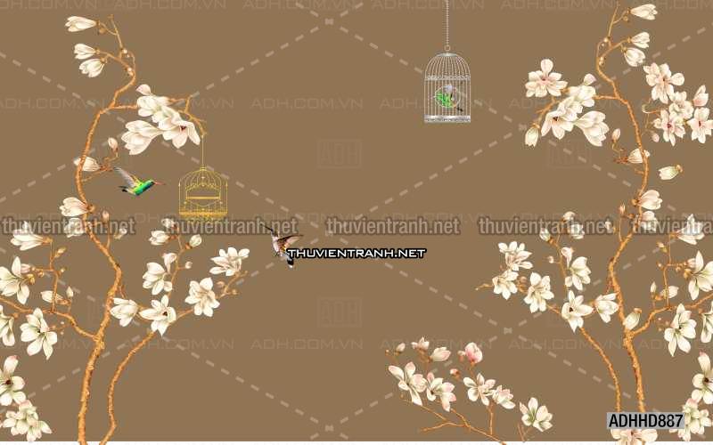 Hoa Đào, Hoa Mộc Lan, phong cách trang trí Chinoiserier, Tranh vẽ hoa Trung Quốc - Tranh tường chất lượng cao