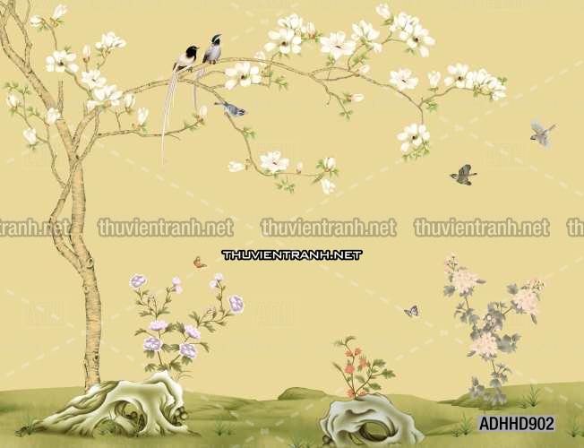 Hoa Đào, Hoa Mộc Lan, phong cách trang trí Chinoiserier, Tranh vẽ hoa Trung Quốc - Tranh tường chất lượng cao