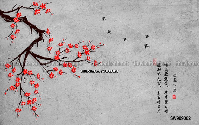 Hoa Đào, Hoa Mộc Lan, phong cách trang trí Chinoiserier, Tranh vẽ hoa Trung Quốc - Tranh tường chất lượng cao