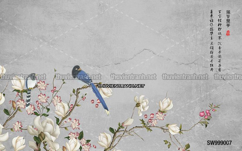 Hoa Đào, Hoa Mộc Lan, phong cách trang trí Chinoiserier, Tranh vẽ hoa Trung Quốc - Tranh tường chất lượng cao