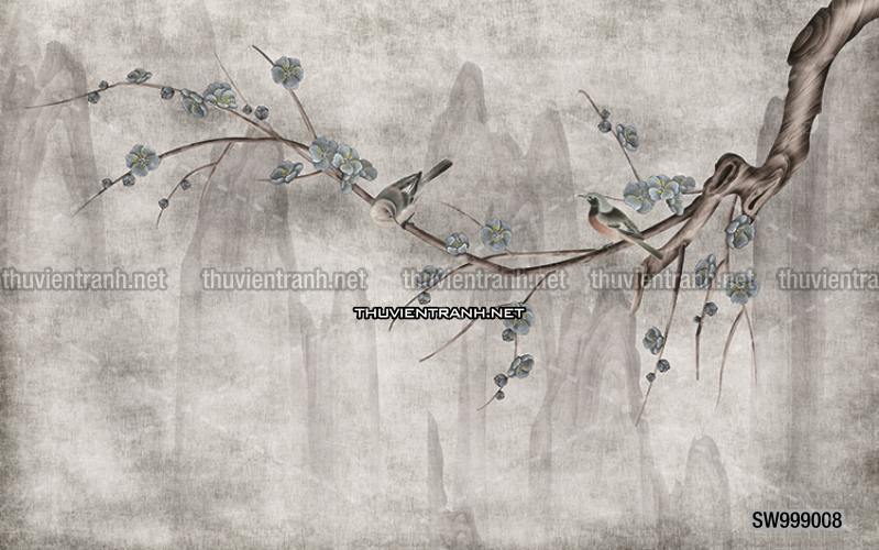 Hoa Đào, Hoa Mộc Lan, phong cách trang trí Chinoiserier, Tranh vẽ hoa Trung Quốc - Tranh tường chất lượng cao