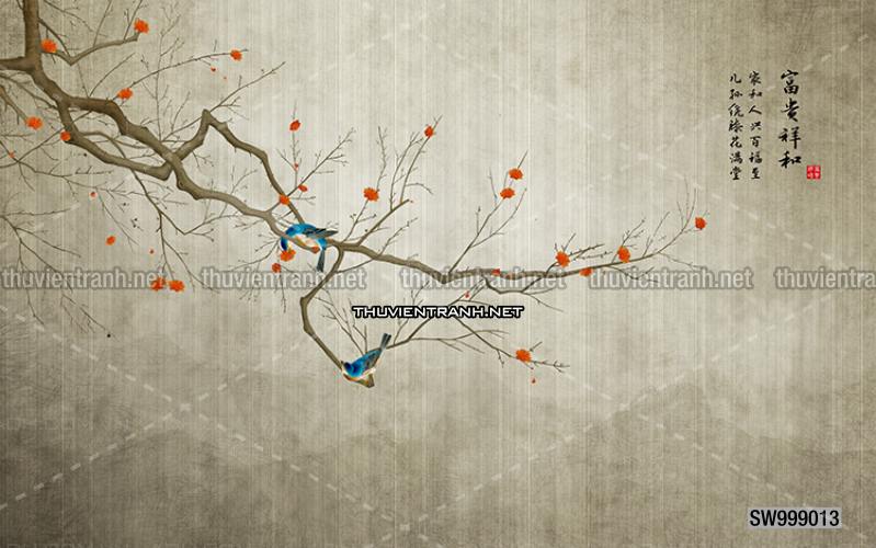 Hoa Đào, Hoa Mộc Lan, phong cách trang trí Chinoiserier, Tranh vẽ hoa Trung Quốc - Tranh tường chất lượng cao