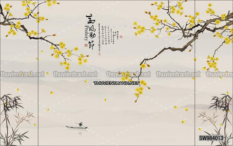 Hoa Đào, Hoa Mộc Lan, phong cách trang trí Chinoiserier, Tranh vẽ hoa Trung Quốc - Tranh tường chất lượng cao
