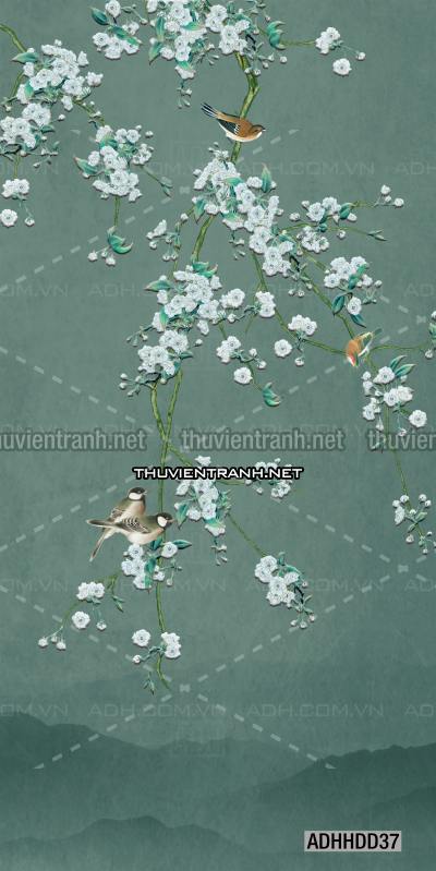 Tên: Hoa khổ đứng, hoa đào, hoa mộc lan trang trí (Phong cách Chinoiserier) - Kết quả tìm kiếm tranh tường