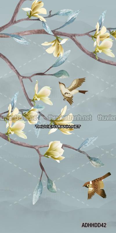 Tên: Hoa khổ đứng, hoa đào, hoa mộc lan trang trí (Phong cách Chinoiserier) - Kết quả tìm kiếm tranh tường