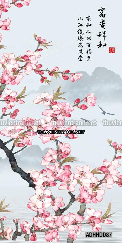  Hoa khổ đứng, hoa đào, hoa mộc lan trang trí (Phong cách Chinoiserier) - Kết quả tìm kiếm tranh tường
