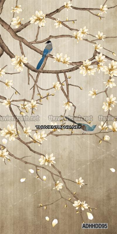  Hoa khổ đứng, hoa đào, hoa mộc lan trang trí (Phong cách Chinoiserier) - Tranh tường chất lượng cao
