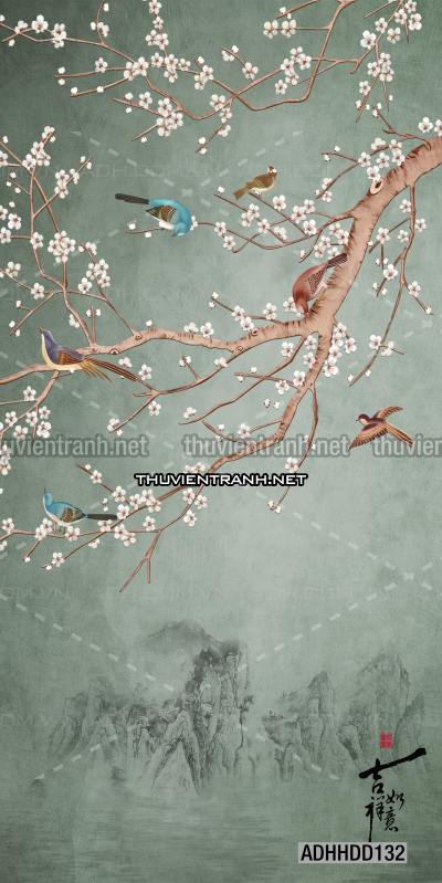  Hoa khổ đứng, hoa đào, hoa mộc lan trang trí (Phong cách Chinoiserier) - Tranh tường chất lượng cao