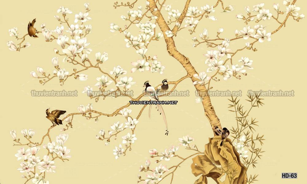 Hoa Đào, Hoa Mộc Lan, phong cách trang trí Chinoiserier, Tranh vẽ hoa Trung Quốc - Tranh tường chất lượng cao