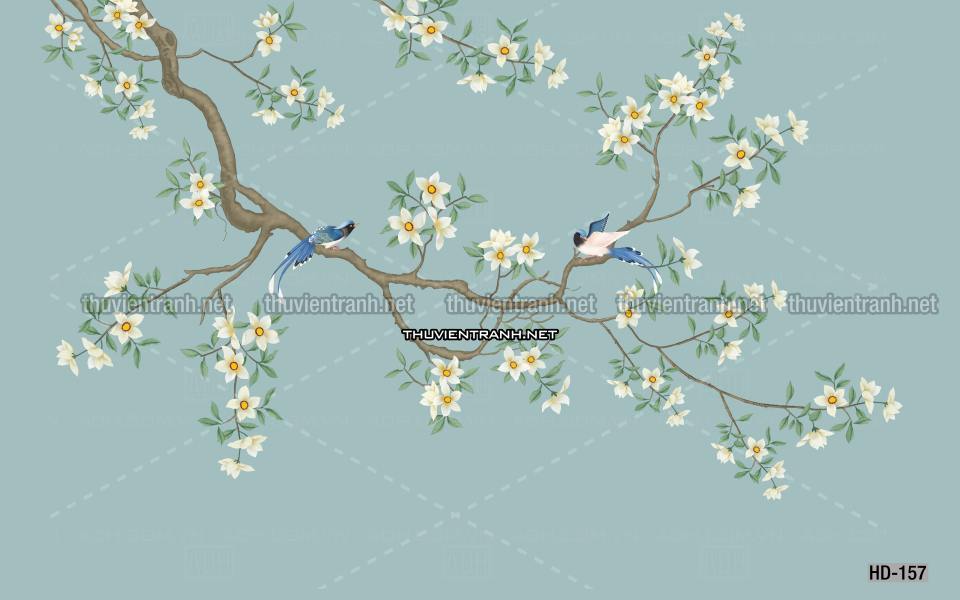 Hoa Đào, Hoa Mộc Lan, phong cách trang trí Chinoiserier, Tranh vẽ hoa Trung Quốc - Tranh tường chất lượng cao