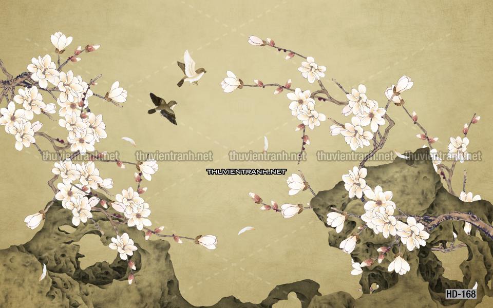 Hoa Đào, Hoa Mộc Lan, phong cách trang trí Chinoiserier, Tranh vẽ hoa Trung Quốc - Tranh tường chất lượng cao
