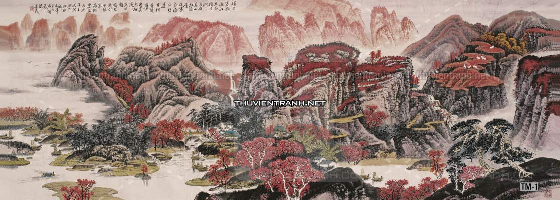 Tranh phong cảnh vẽ tay Trung Quốc, Thủy mặc, Màu nước, Tranh khổ rộng, tranh sơn thủy - Tranh tường chất lượng cao