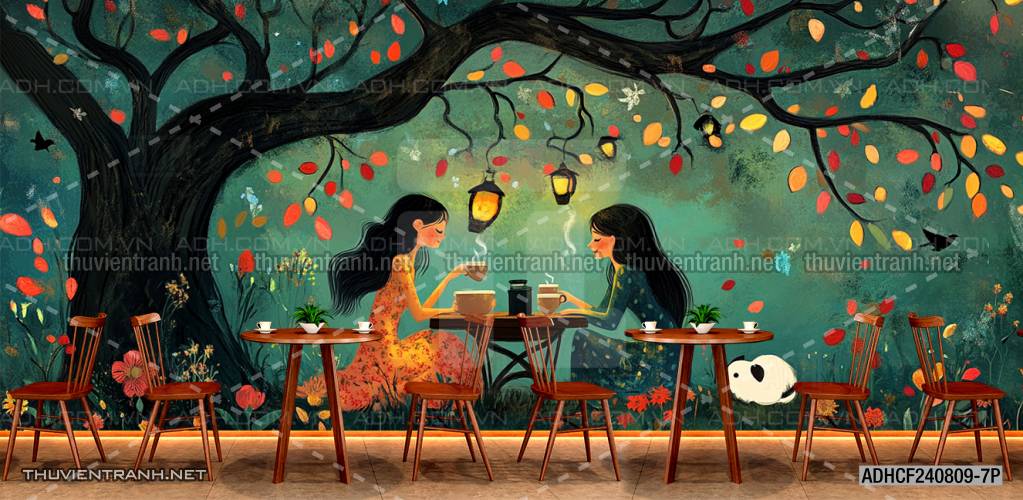  Tranh dán tường Cafe, tranh dán tường cô gái uống cafe - Tranh tường chất lượng cao