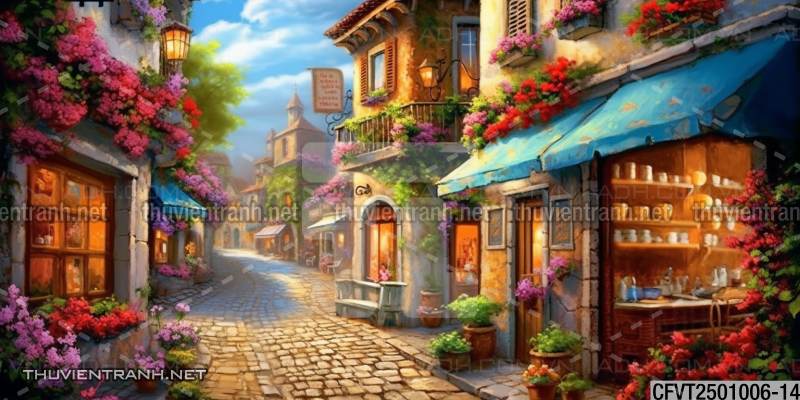 Tranh dán tường ngõ phố Châu ÂU, phố cổ Châu Âu - Tranh tường chất lượng cao