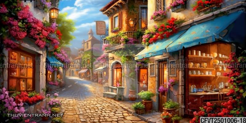 Tranh dán tường ngõ phố Châu ÂU, phố cổ Châu Âu - Tranh tường chất lượng cao